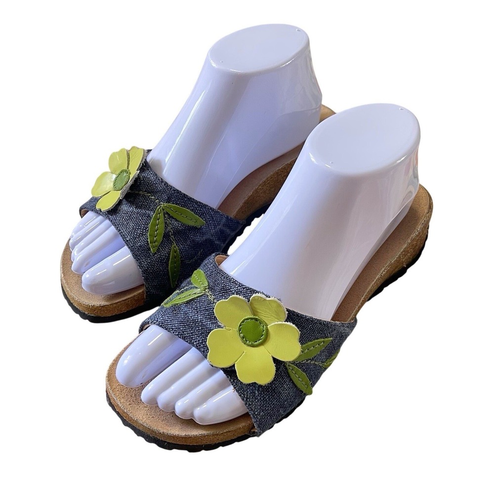 Y2K Haflinger Women 7 Denim Flower Slide Sandals Wedge Slip On Cottagecore Boho